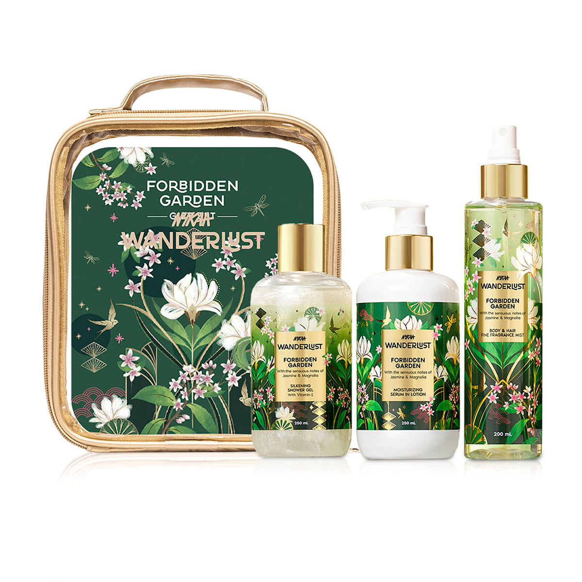Nykaa Wanderlust Forbidden Garden Gold Pouch Gift Set Shower gel Lotion, Hair & Body Mist
