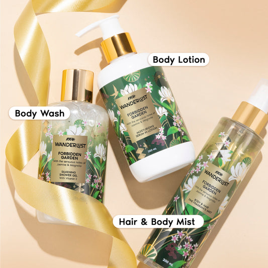 Nykaa Wanderlust Forbidden Garden Gold Pouch Gift Set Shower gel Lotion, Hair & Body Mist