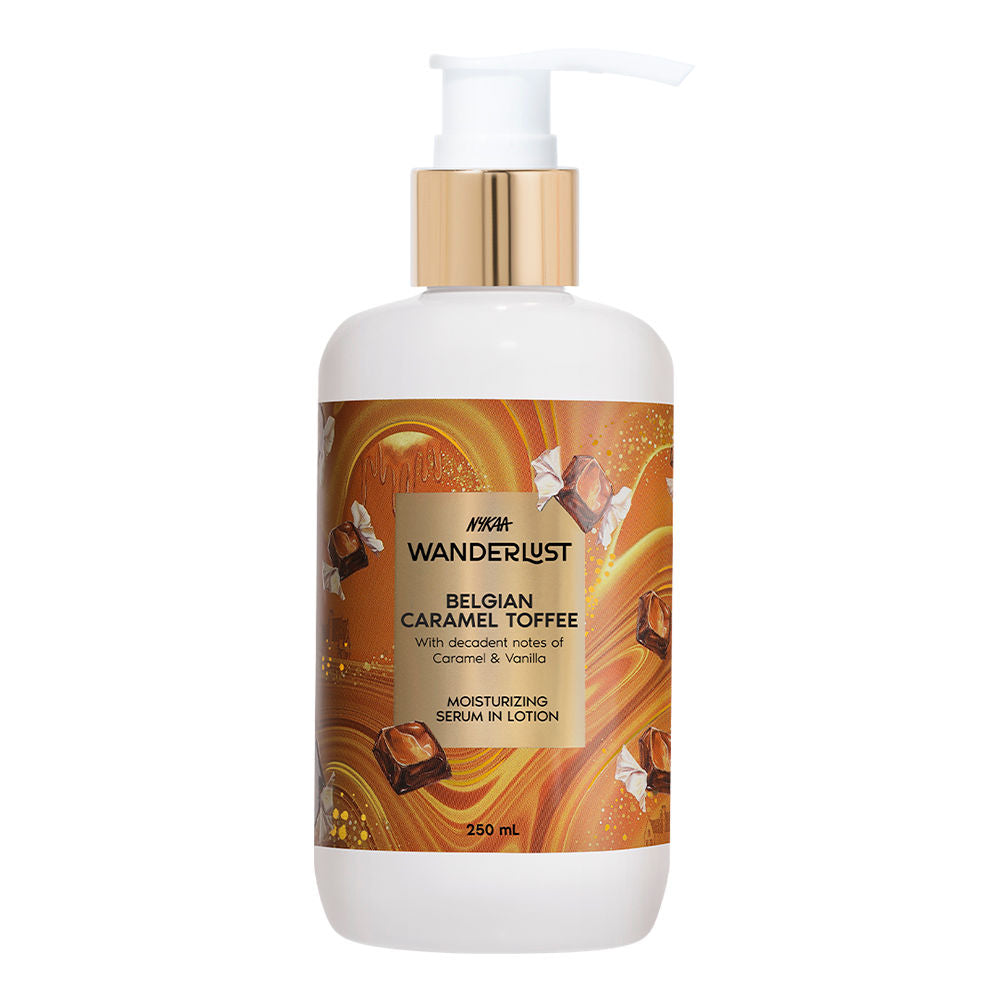 Nykaa Wanderlust Belgian Caramel Toffee Body Lotion Upto 24 H Moisturisation Lactic Acid Brightening