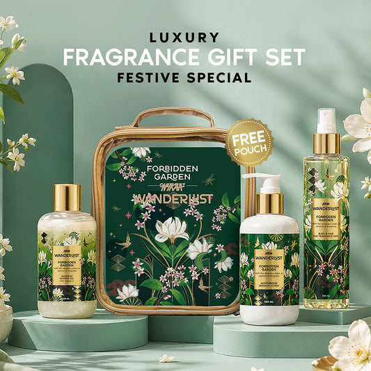 Nykaa Wanderlust Forbidden Garden Gold Pouch Gift Set Shower gel Lotion, Hair & Body Mist