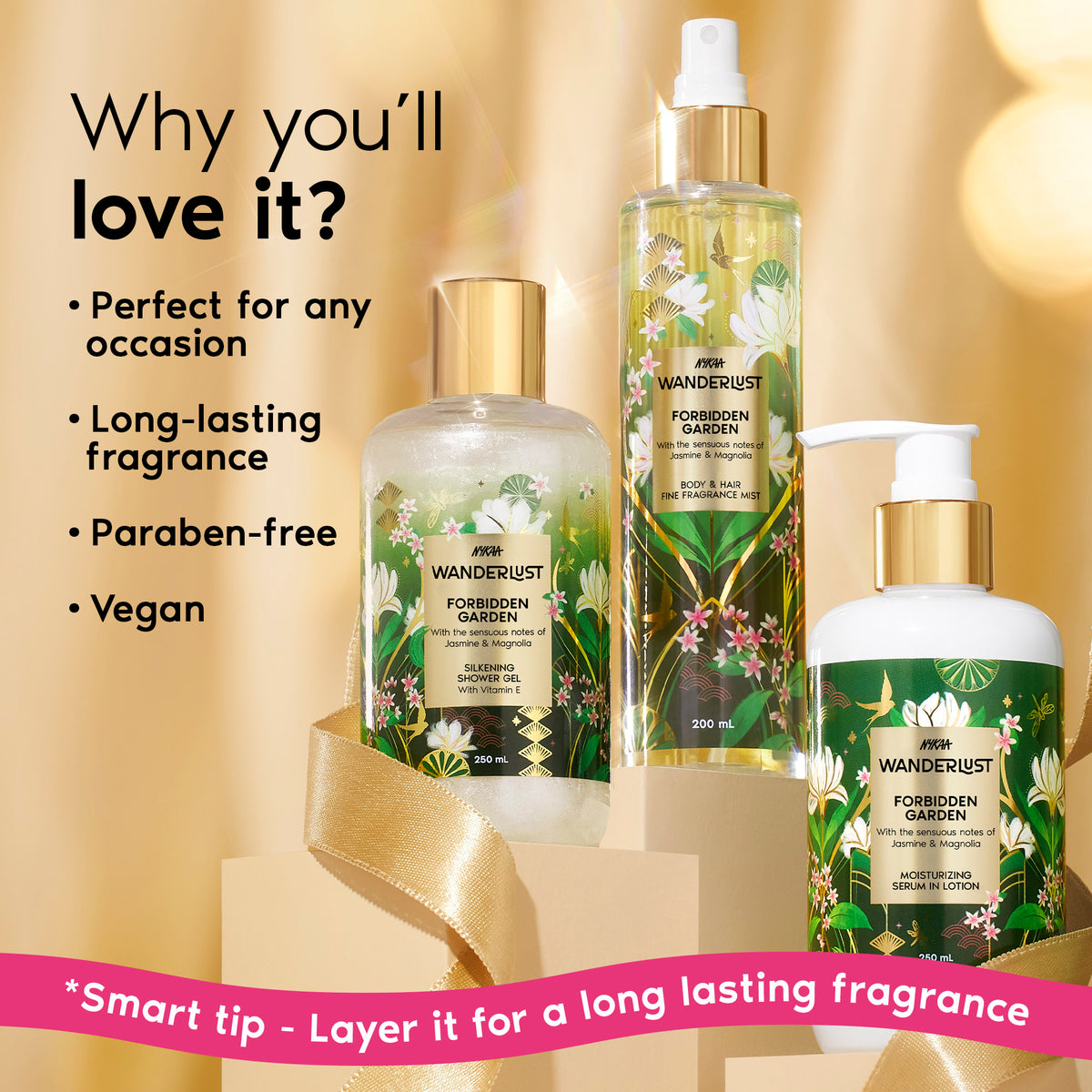Nykaa Wanderlust Forbidden Garden Gold Pouch Gift Set Shower gel Lotion, Hair & Body Mist