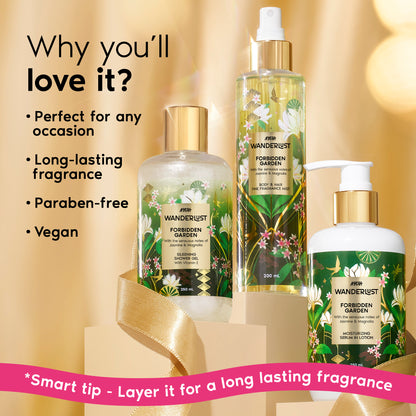 Nykaa Wanderlust Forbidden Garden Gold Pouch Gift Set Shower gel Lotion, Hair & Body Mist
