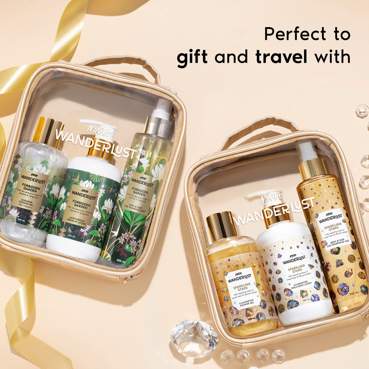 Nykaa Wanderlust Forbidden Garden Gold Pouch Gift Set Shower gel Lotion, Hair & Body Mist