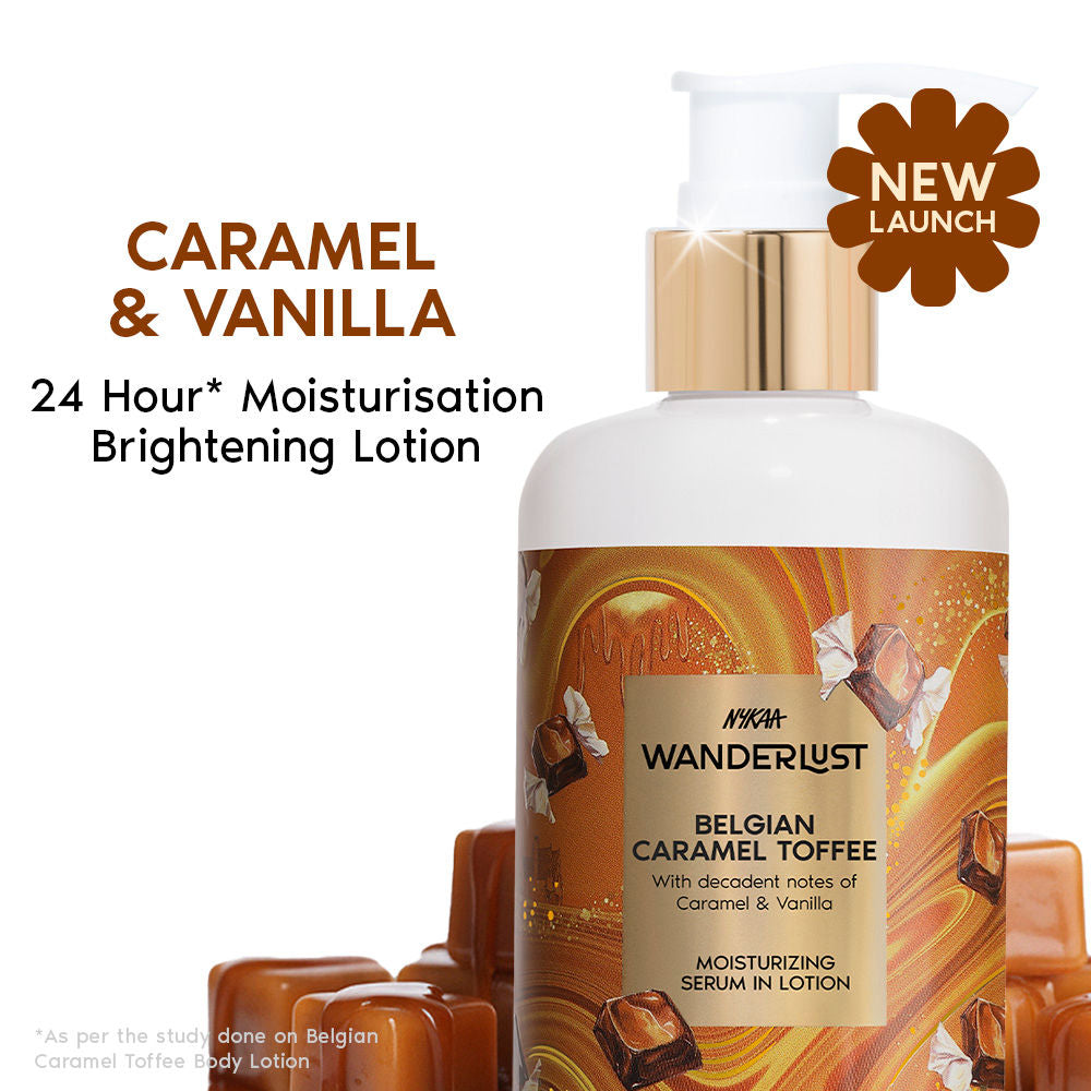 Nykaa Wanderlust Belgian Caramel Toffee Body Lotion Upto 24 H Moisturisation Lactic Acid Brightening