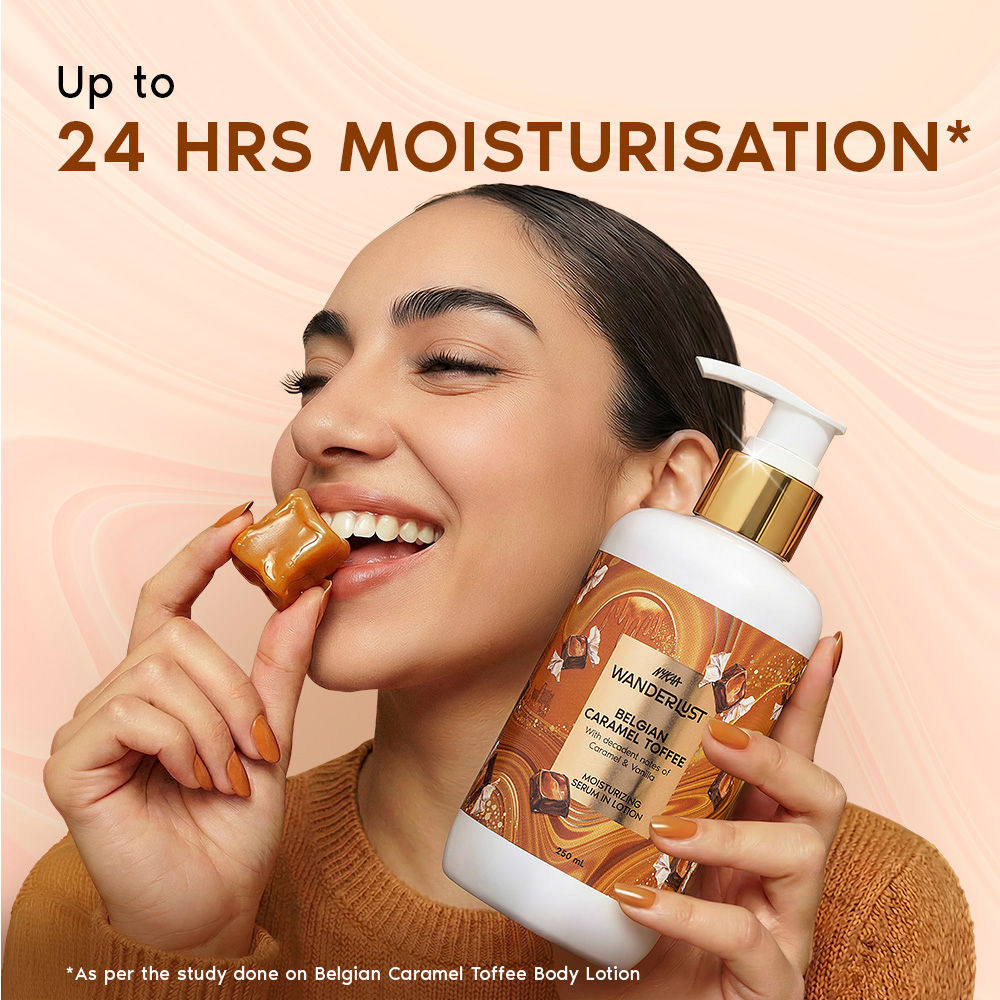 Nykaa Wanderlust Belgian Caramel Toffee Body Lotion Upto 24 H Moisturisation Lactic Acid Brightening