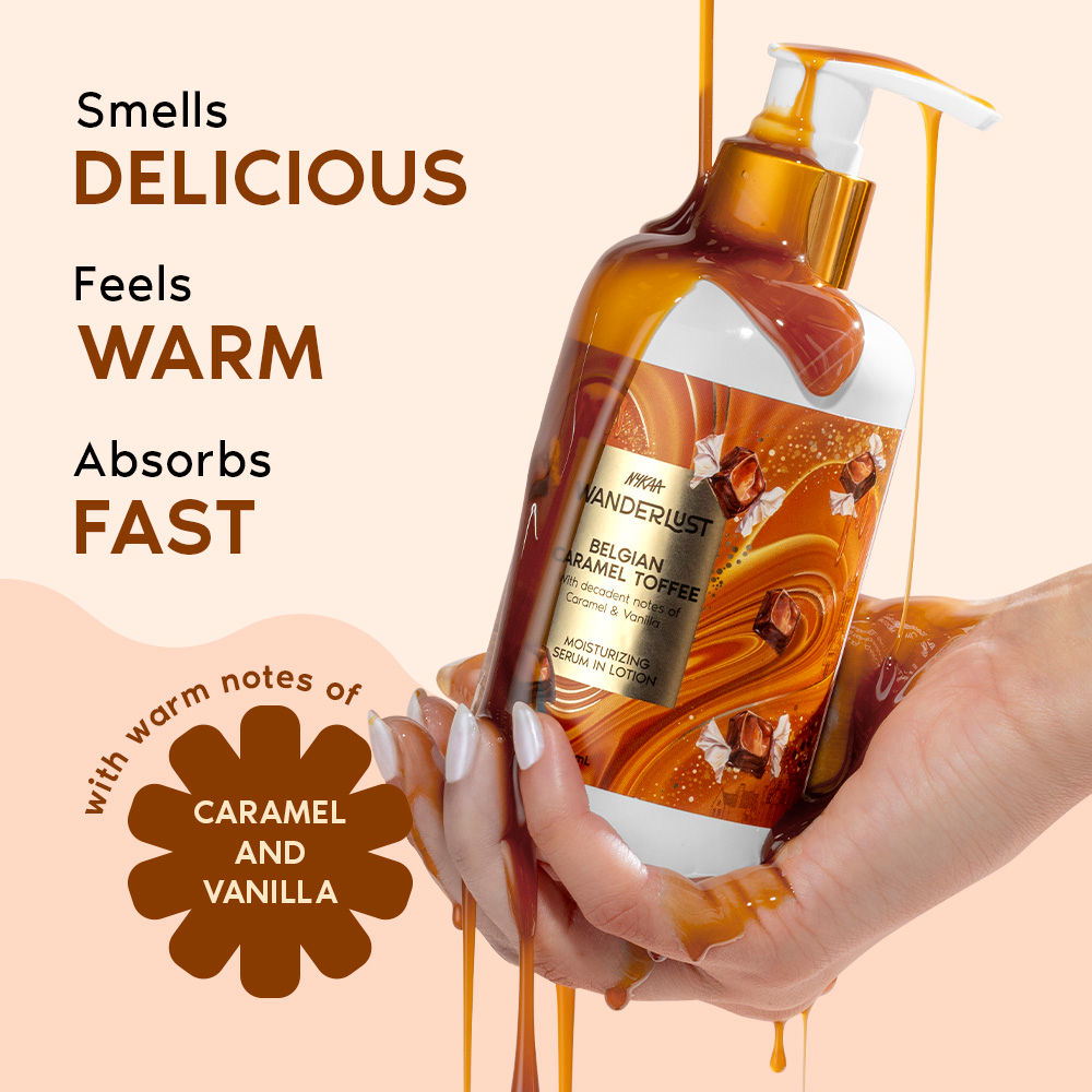 Nykaa Wanderlust Belgian Caramel Toffee Body Lotion Upto 24 H Moisturisation Lactic Acid Brightening