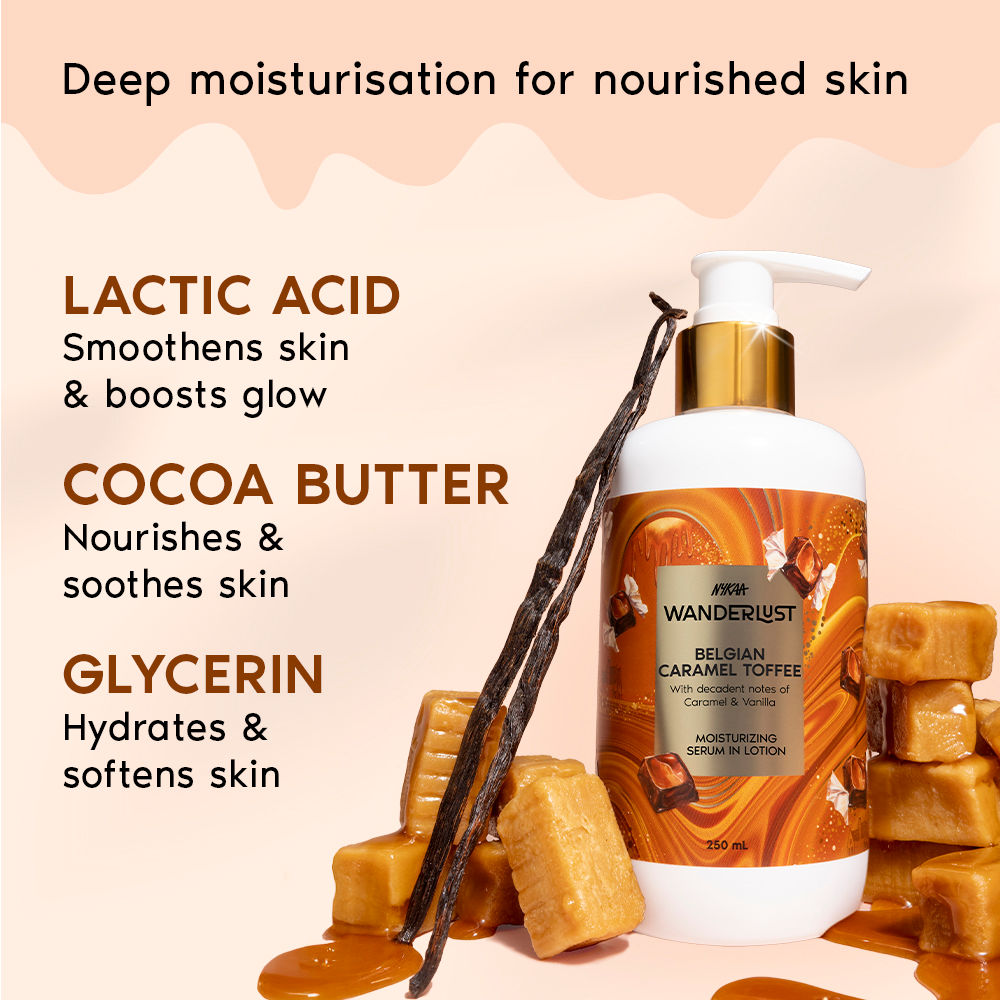 Nykaa Wanderlust Belgian Caramel Toffee Body Lotion Upto 24 H Moisturisation Lactic Acid Brightening