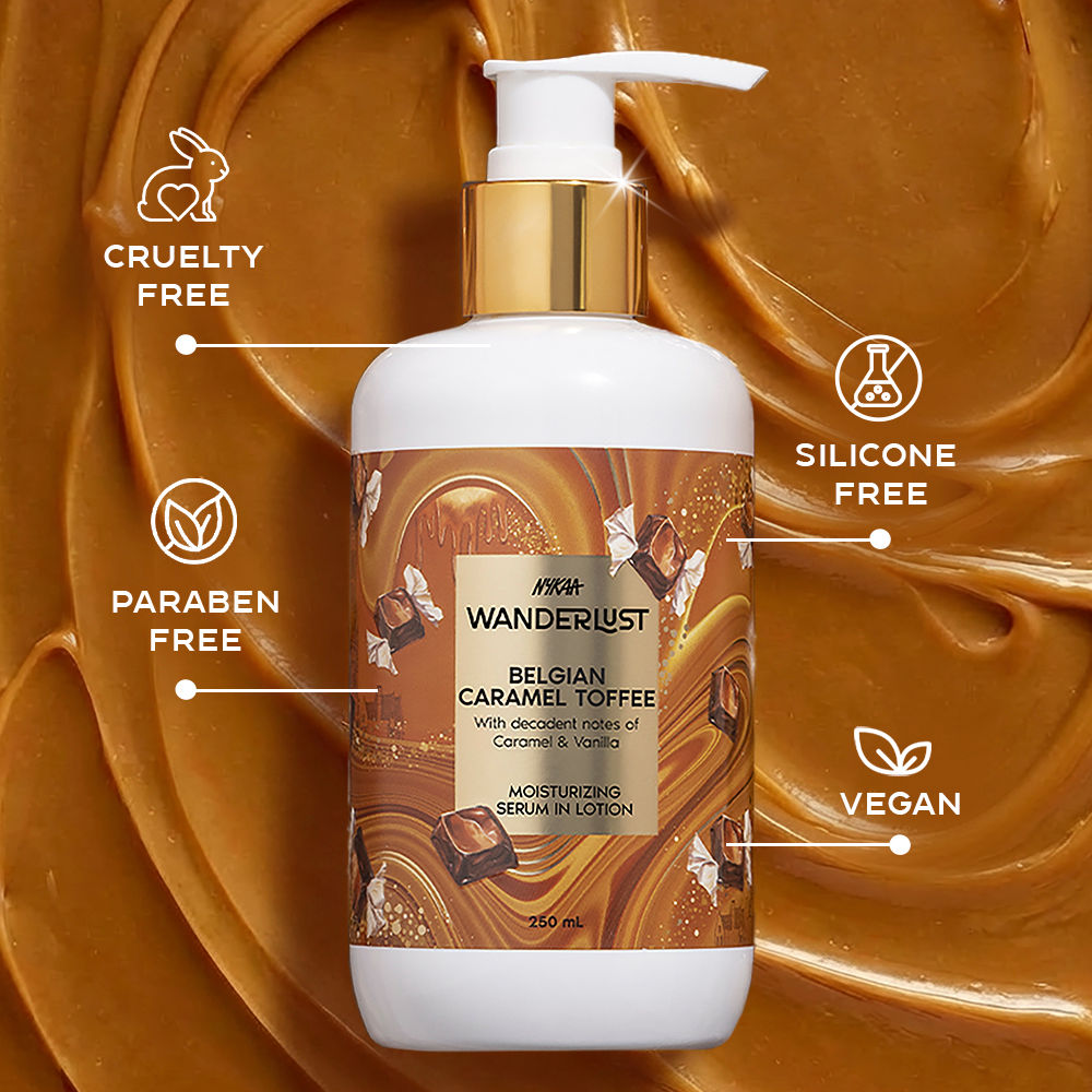 Nykaa Wanderlust Belgian Caramel Toffee Body Lotion Upto 24 H Moisturisation Lactic Acid Brightening
