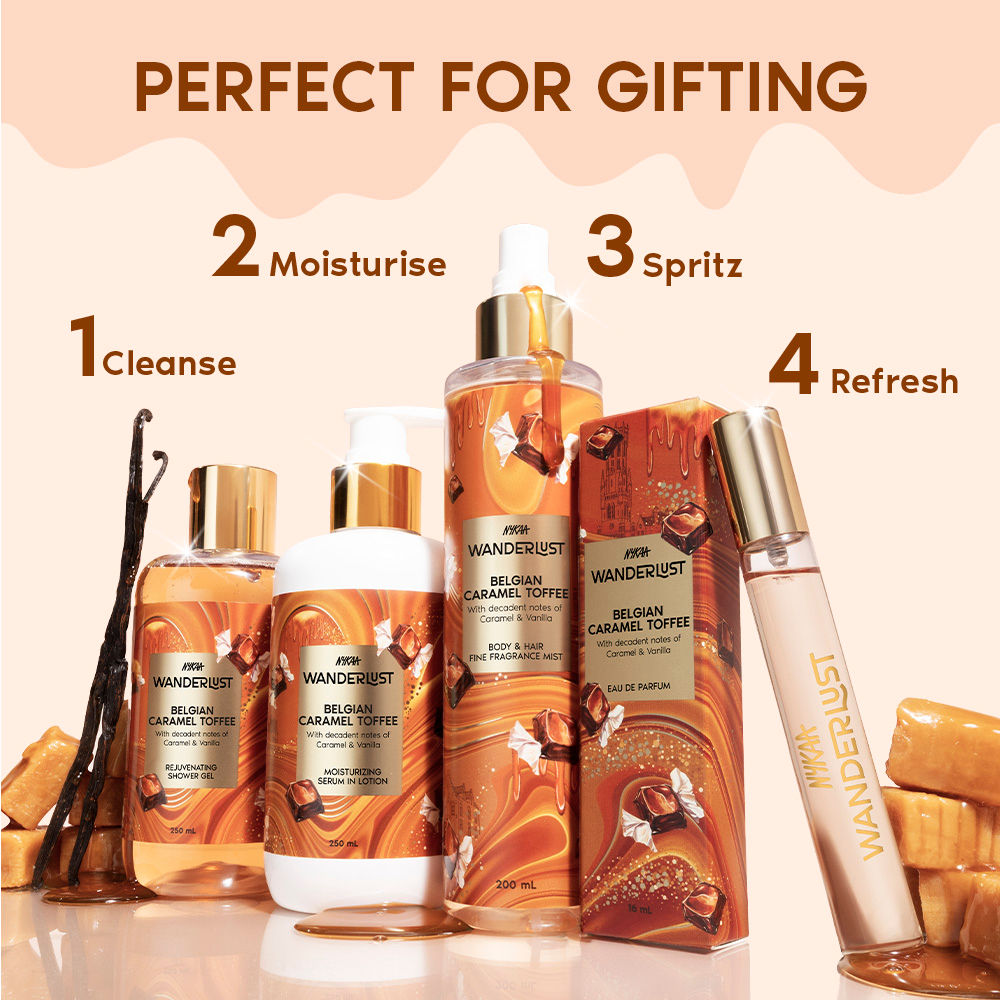 Nykaa Wanderlust Belgian Caramel Toffee Body Lotion Upto 24 H Moisturisation Lactic Acid Brightening