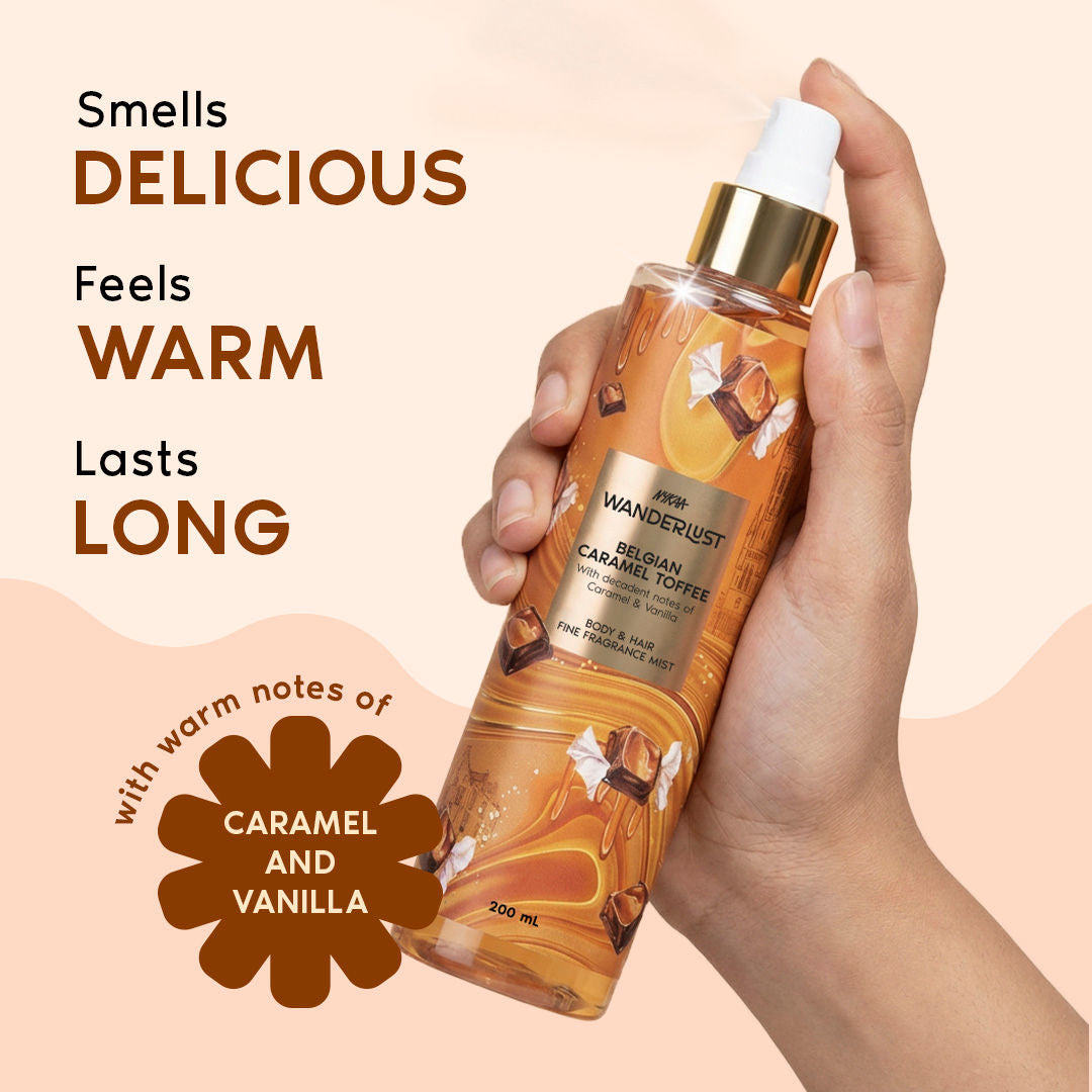 Nykaa Wanderlust Belgian Caramel Toffee Body & Hair Perfume Mist Long Lasting Fragrance For Her